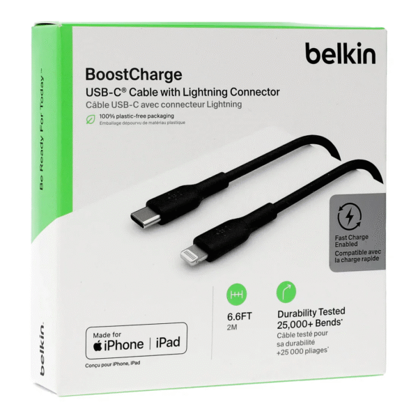 Belkin BoostCharge USB-C to Lightning Cable (2m/6.6ft, Black) ? Fast Charging iPhone & iPad MFi Certified Cable | CAA003BT2MBK