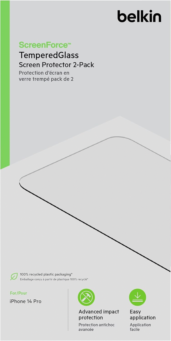 Belkin Tempered Glass Screen Protector for iPhone 14 Pro (2 Pack) ? Anti-Scratch, Transparent, Easy Install | OVA109ZZ
