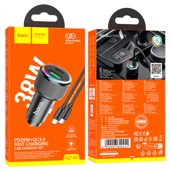 Hoco NZ14A 38W Dual Port Car Charger | USB-C PD + QC3.0 Fast Charging Adapter for iPhone & Android