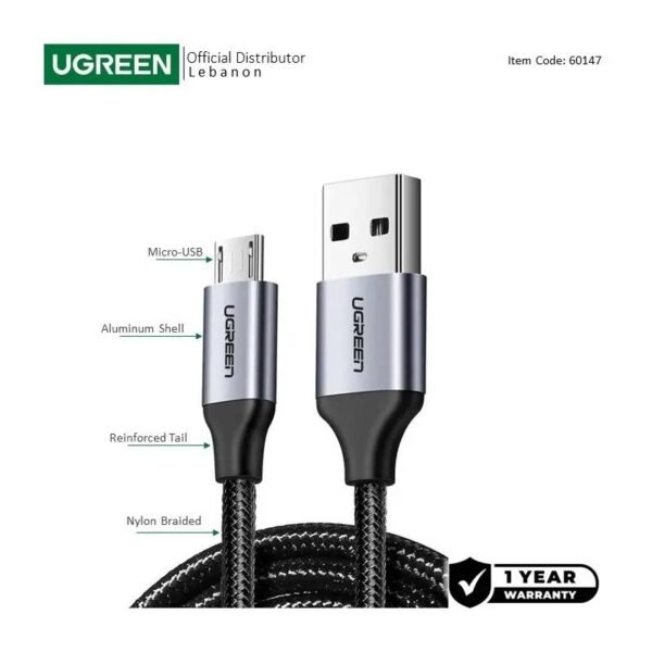 2025/12/1000363883.jpg UGREEN USB-A to Micro USB Braided Cable & Aluminum Body, Fast Charge, 1.5M - US290 60147