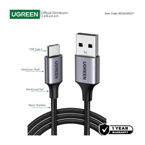 UGREEN USB-A to USB-C Braided Cable & Aluminum Body, Fast Charge, 1M Black