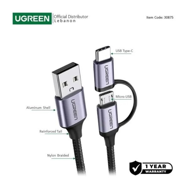 UGREEN 2 IN 1 USB-A to Micro-USB + USB-C Braided Cable & Aluminum Body, Fast Charge 1M - US177 30875