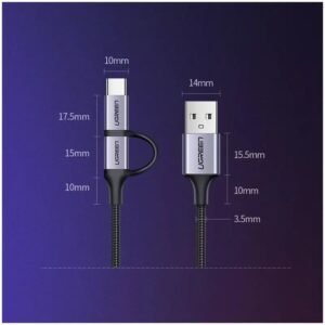 UGREEN 2 IN 1 USB-A to Micro-USB + USB-C Braided Cable & Aluminum Body, Fast Charge 1M - US177 30875