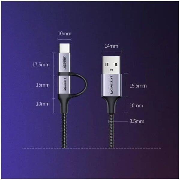UGREEN 2 IN 1 USB-A to Micro-USB + USB-C Braided Cable & Aluminum Body, Fast Charge 1M - US177 30875