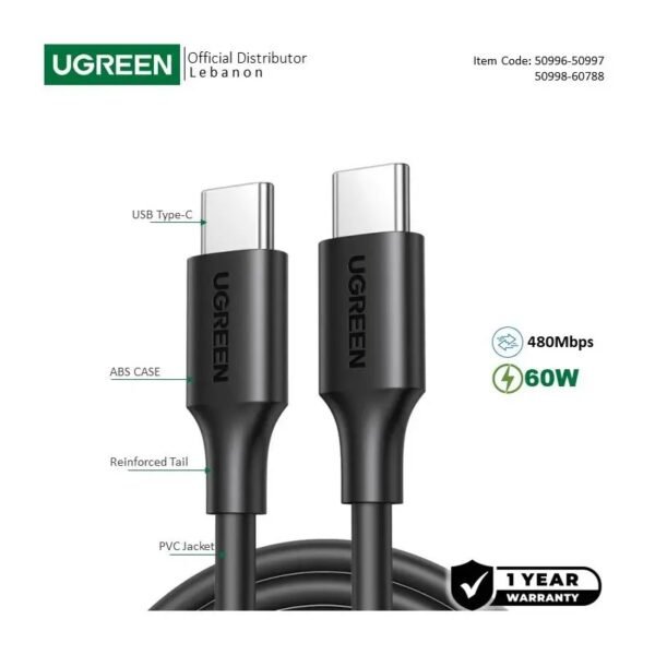 UGREEN USB-C to USB-C PD60W Fast Charge Cable 1M Black