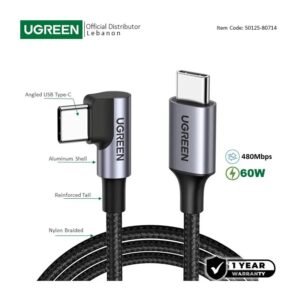 UGREEN USB-C to Angled USB-C PD60W Braided Cable & Aluminum Body, Fast Charge 2 M