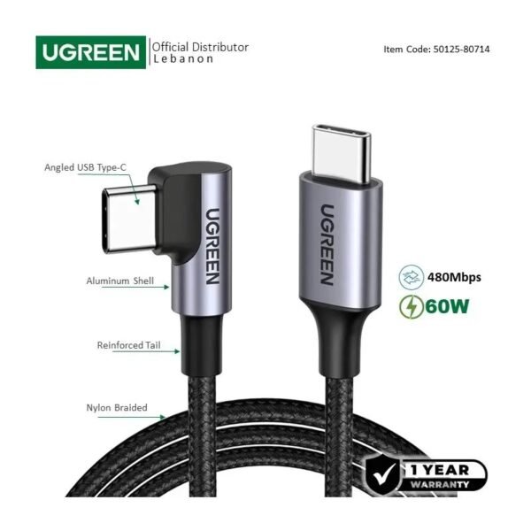 UGREEN USB-C to Angled USB-C PD60W Braided Cable & Aluminum Body, Fast Charge 2 M