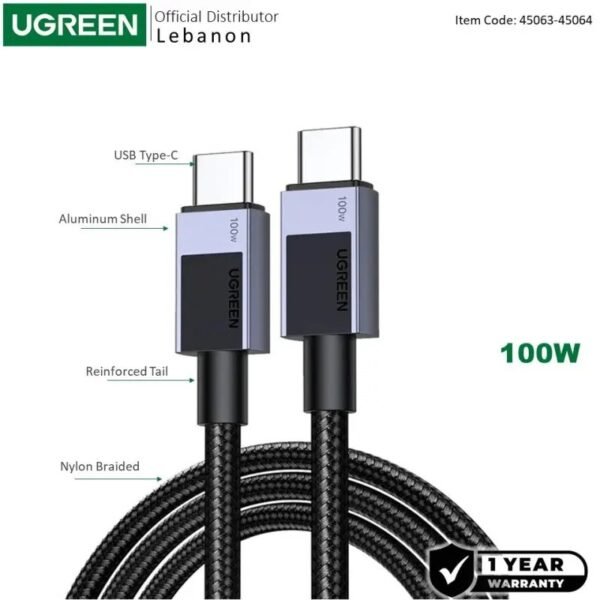 2025/12/1000364683-1.jpg UGREEN USB-C to USB-C 100W Braided Cable & Aluminum Body, 2M