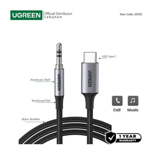 UGREEN USB-C MALE to 3.5MM Audio Cable 1M, Hi-Fi Sound Quality - CM450 20192
