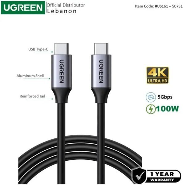 UGREEN USB-C 3.2 GEN1 Male to Male Cable support 4K@60Hz, 5Gbps, 100W, 1.5M - US161 50751