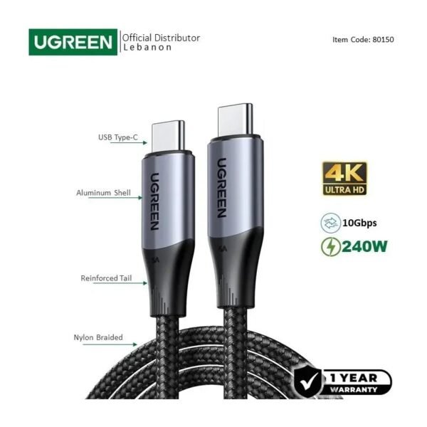 UGREEN USB-C 3.1 GEN2 Male to Male Cable support 4K@60Hz, 10Gbps, 240W, 1M - US355 80150
