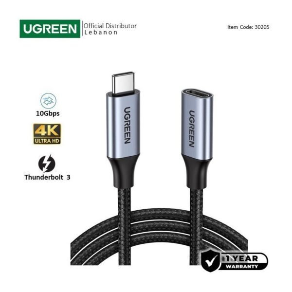 UGREEN USB-C Cable Extension Male to Female, Thunderbolt 3 support 4K@60Hz, 10Gbps, 100W, 1M - US372 30205
