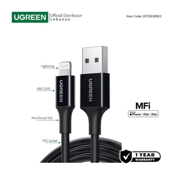 UGREEN USB-A to Lightning Cable, MFI Apple Certified, Fast Charging, 1M - US155 80822 20728