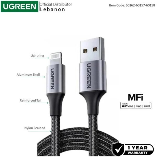 UGREEN USB-A to Lightning Braided Cable & Aluminum Body, MFI Apple Certified, Fast Charging 1.5M Black