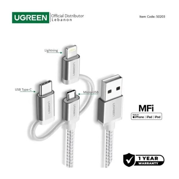 2025/12/1000367062.jpg UGREEN 3 in1 USB-A to Lightning + USB-C + Micro-USB Braided Cable & Aluminum Body, MFI Apple Certified, 1.5M - US186 50203