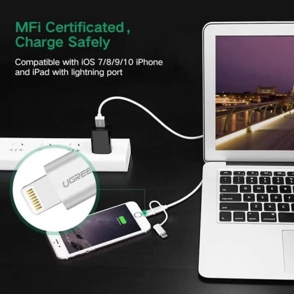 2025/12/1000367064.jpg UGREEN 3 in1 USB-A to Lightning + USB-C + Micro-USB Braided Cable & Aluminum Body, MFI Apple Certified, 1.5M - US186 50203