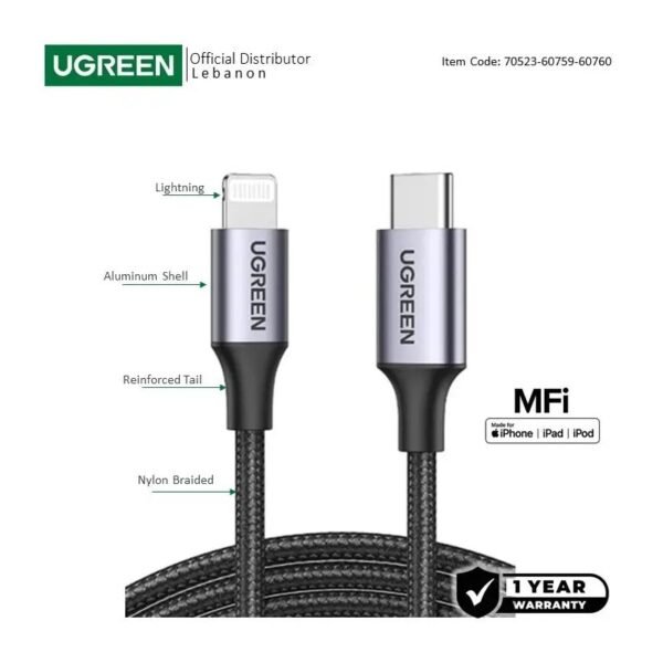 2025/12/1000367066-2.jpg UGREEN USB-C to Lightning Cable, MFI Apple Certified, Fast Charging 2M