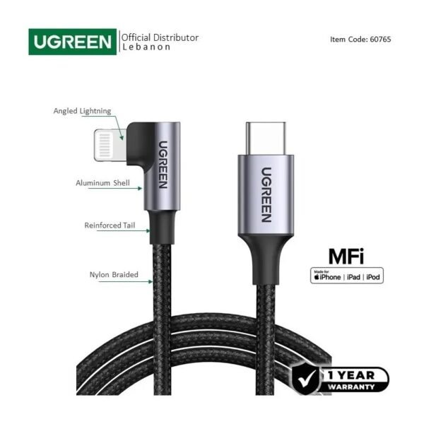 2025/12/1000367074.jpg UGREEN USB-C to Angled Lightning Braided Cable & Aluminum Body, MFI Apple Certified, Fast Charging, 2M - US305 60765
