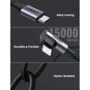2025/12/1000367075.jpg UGREEN USB-C to Angled Lightning Braided Cable & Aluminum Body, MFI Apple Certified, Fast Charging, 2M - US305 60765