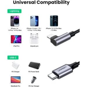 2025/12/1000367076.jpg UGREEN USB-C to Angled Lightning Braided Cable & Aluminum Body, MFI Apple Certified, Fast Charging, 2M - US305 60765