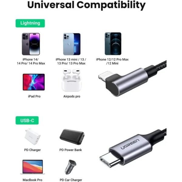 2025/12/1000367076.jpg UGREEN USB-C to Angled Lightning Braided Cable & Aluminum Body, MFI Apple Certified, Fast Charging, 2M - US305 60765