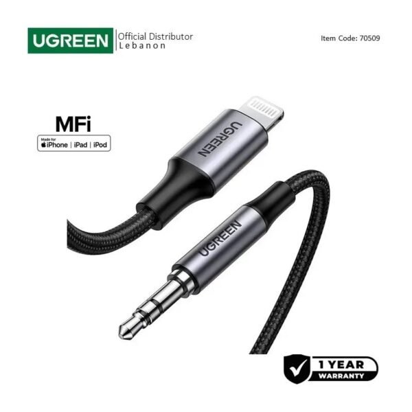 UGREEN Lightning to 3.5mm Aux Cable 1M, MFI Apple Certified, Nylon Braided & Aluminum Body - US315 70509