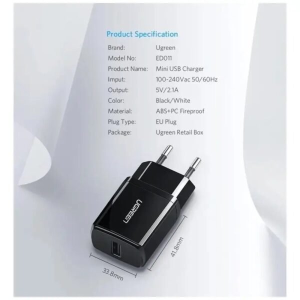 2025/12/1000367115.jpg UGREEN 2.1A USB-A Smart Charger for Phones, Tablets & Ipads - ED011 50459