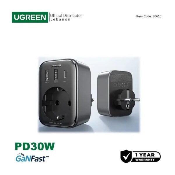 UGREEN 30W 4 in 1 Wall Outlet Extender, 3 Ports, Smart & Fast Charger for Phones, Tablets & Ipads - CD314 90613 Black