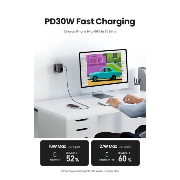 UGREEN 30W 4 in 1 Wall Outlet Extender, 3 Ports, Smart & Fast Charger for Phones, Tablets & Ipads - CD314 90613 Black