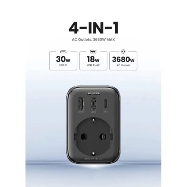 UGREEN 30W 4 in 1 Wall Outlet Extender, 3 Ports, Smart & Fast Charger for Phones, Tablets & Ipads - CD314 90613 Black