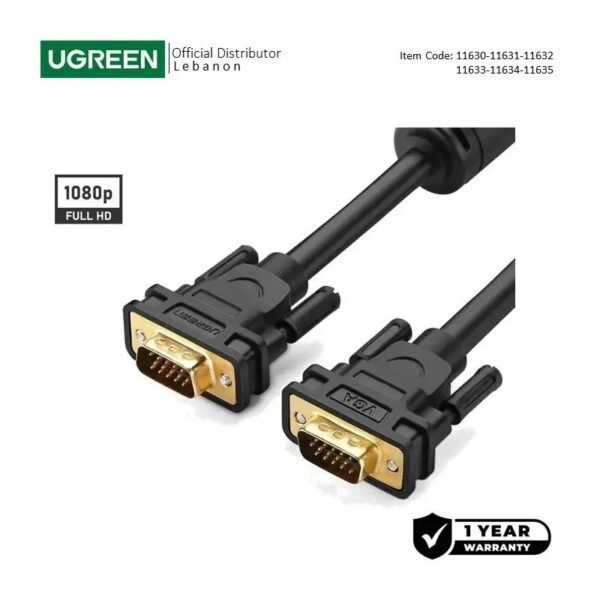 UGREEN Full HD, VGA Male to Male Cable gold-plated VG101 11630 11631 11632 11633 11634 11635 Black