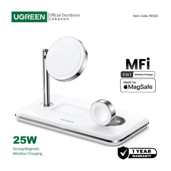 UGREEN 25W 3-In-1 MagSafe Fast Wireless Charging Station Or Magnetic for Apple Watch, iPhone & Air pods - CD278 90326