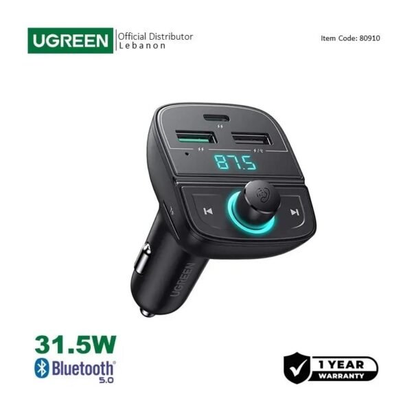 2025/12/1000367510.jpg UGREEN 31.5W PD Fast Car Charger with FM & Bluetooth Transmitter + USB MP3 & TF Slot Reader - CD229 80910