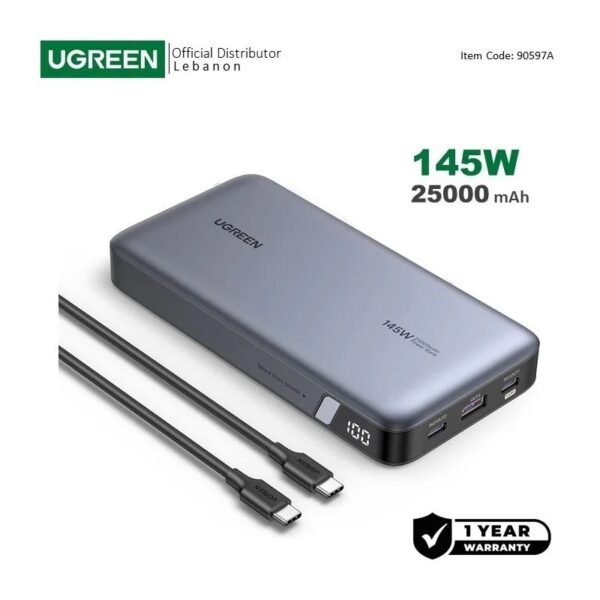 UGREEN Power Bank 145W, 3 Ports, 25000 mAh, Fast Charging for Laptops, MacBooks, Smartphones, Tablets - PB205 90597A