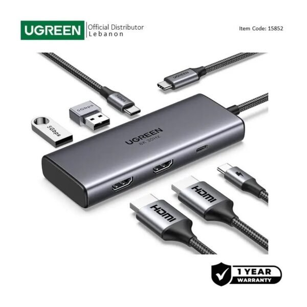 UGREEN REVODOK Dual Display 6-in-1USB-C HUB Docking Station Adapter, 2x USB+ USB-C + 2x HDMI + USB-C PD Port - CM498 15852