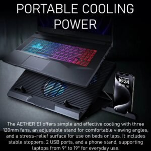 GAMDIAS AETHER E1 Laptop Cooling Pad With Triple 120mm Fans, 7 Height Levels, Dual USB Ports, Blue LED, And Compatibility for Up To 19” Laptops
