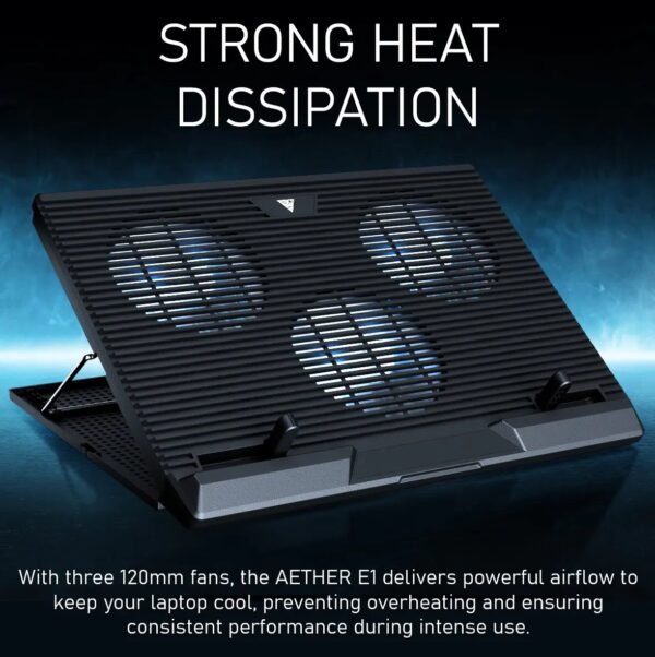 GAMDIAS AETHER E1 Laptop Cooling Pad With Triple 120mm Fans, 7 Height Levels, Dual USB Ports, Blue LED, And Compatibility for Up To 19” Laptops