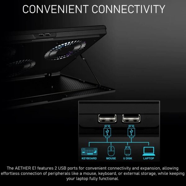 GAMDIAS AETHER E1 Laptop Cooling Pad With Triple 120mm Fans, 7 Height Levels, Dual USB Ports, Blue LED, And Compatibility for Up To 19” Laptops