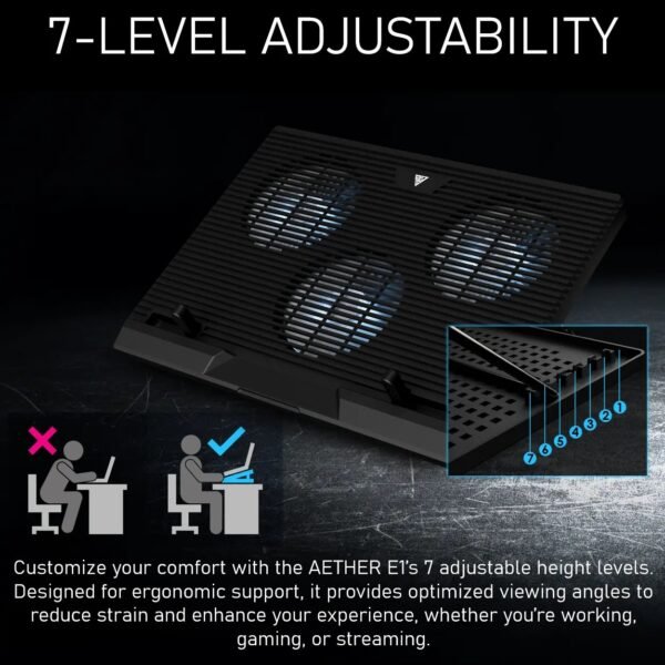 GAMDIAS AETHER E1 Laptop Cooling Pad With Triple 120mm Fans, 7 Height Levels, Dual USB Ports, Blue LED, And Compatibility for Up To 19” Laptops