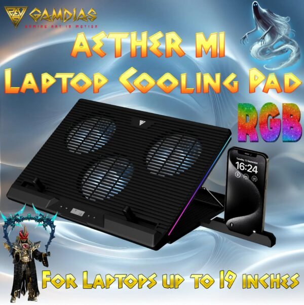 2025/12/1000374963.jpg GAMDIAS AETHER M1 RGB Laptop Cooling Pad | Triple 120mm Fans | 10 RGB Modes | LCD Speed Control | 7 Adjustable Heights | USB-A Hub | Fits Laptops Up To 19″ Laptops