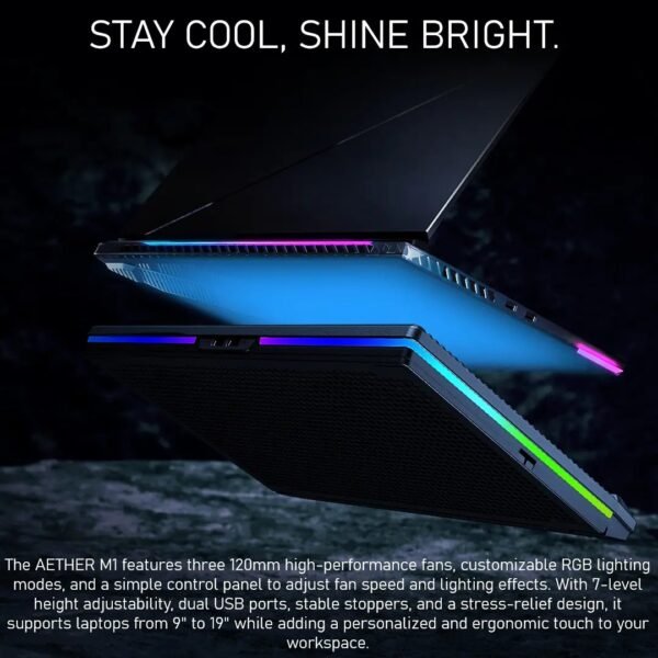 2025/12/1000374964.jpg GAMDIAS AETHER M1 RGB Laptop Cooling Pad | Triple 120mm Fans | 10 RGB Modes | LCD Speed Control | 7 Adjustable Heights | USB-A Hub | Fits Laptops Up To 19″ Laptops