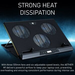 2025/12/1000374965.jpg GAMDIAS AETHER M1 RGB Laptop Cooling Pad | Triple 120mm Fans | 10 RGB Modes | LCD Speed Control | 7 Adjustable Heights | USB-A Hub | Fits Laptops Up To 19″ Laptops