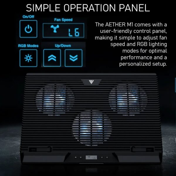 2025/12/1000374966.jpg GAMDIAS AETHER M1 RGB Laptop Cooling Pad | Triple 120mm Fans | 10 RGB Modes | LCD Speed Control | 7 Adjustable Heights | USB-A Hub | Fits Laptops Up To 19″ Laptops
