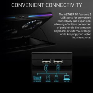 2025/12/1000374967.jpg GAMDIAS AETHER M1 RGB Laptop Cooling Pad | Triple 120mm Fans | 10 RGB Modes | LCD Speed Control | 7 Adjustable Heights | USB-A Hub | Fits Laptops Up To 19″ Laptops