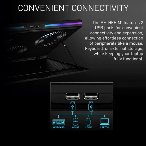 2025/12/1000374967.jpg GAMDIAS AETHER M1 RGB Laptop Cooling Pad | Triple 120mm Fans | 10 RGB Modes | LCD Speed Control | 7 Adjustable Heights | USB-A Hub | Fits Laptops Up To 19″ Laptops