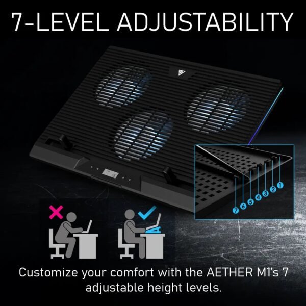 2025/12/1000374968.jpg GAMDIAS AETHER M1 RGB Laptop Cooling Pad | Triple 120mm Fans | 10 RGB Modes | LCD Speed Control | 7 Adjustable Heights | USB-A Hub | Fits Laptops Up To 19″ Laptops