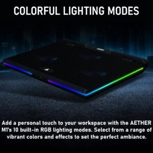 2025/12/1000374969.jpg GAMDIAS AETHER M1 RGB Laptop Cooling Pad | Triple 120mm Fans | 10 RGB Modes | LCD Speed Control | 7 Adjustable Heights | USB-A Hub | Fits Laptops Up To 19″ Laptops