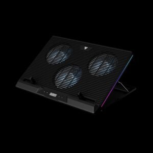 2025/12/1000374970.jpg GAMDIAS AETHER M1 RGB Laptop Cooling Pad | Triple 120mm Fans | 10 RGB Modes | LCD Speed Control | 7 Adjustable Heights | USB-A Hub | Fits Laptops Up To 19″ Laptops
