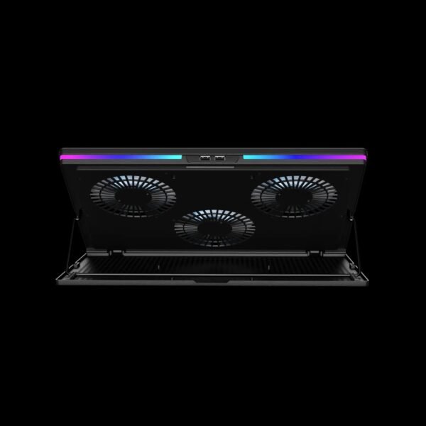 2025/12/1000374973.jpg GAMDIAS AETHER M1 RGB Laptop Cooling Pad | Triple 120mm Fans | 10 RGB Modes | LCD Speed Control | 7 Adjustable Heights | USB-A Hub | Fits Laptops Up To 19″ Laptops