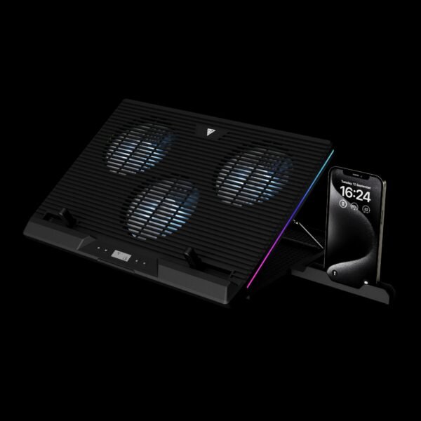 2025/12/1000374975.jpg GAMDIAS AETHER M1 RGB Laptop Cooling Pad | Triple 120mm Fans | 10 RGB Modes | LCD Speed Control | 7 Adjustable Heights | USB-A Hub | Fits Laptops Up To 19″ Laptops